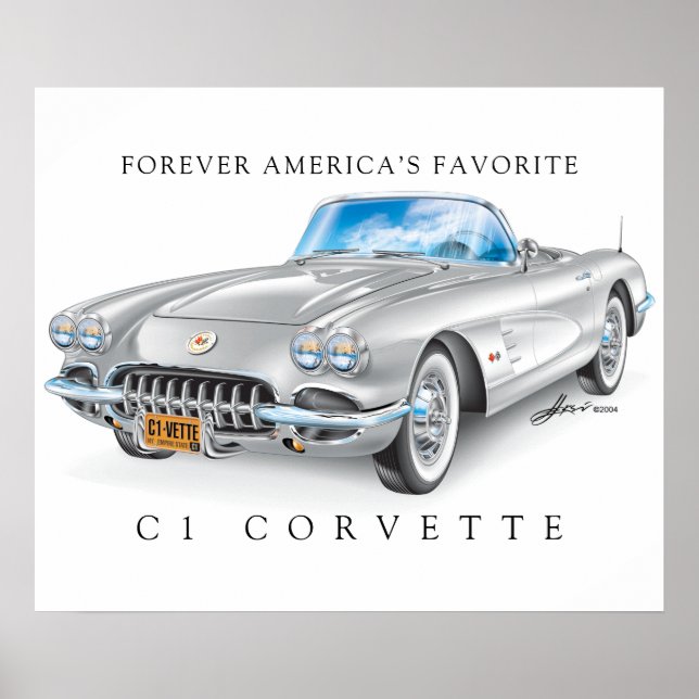 Poster Elégante Corvette C1 Illustration couleur argent (Devant)