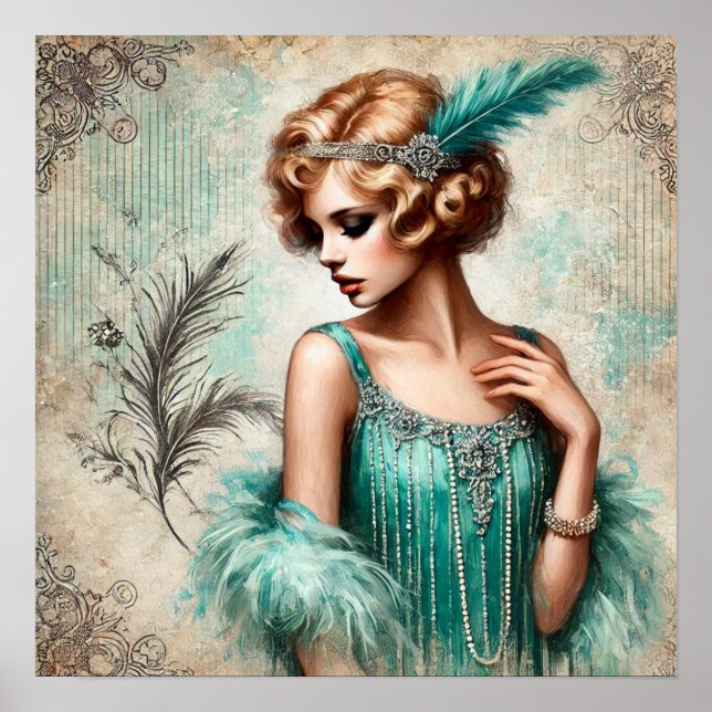 Poster Élégante dame en effigie dans une robe turquoise,  (Devant)