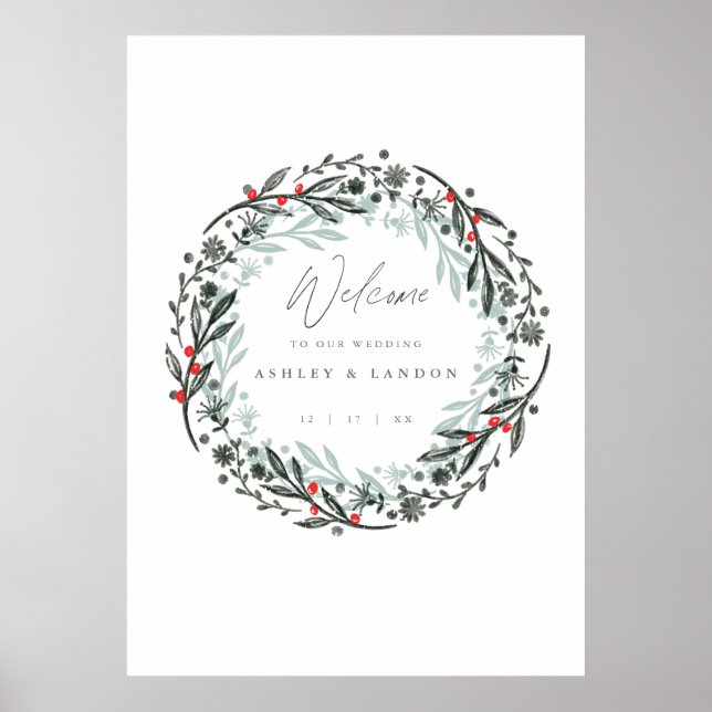 Poster Elégante enseigne de bienvenue mariage de verdure (Devant)