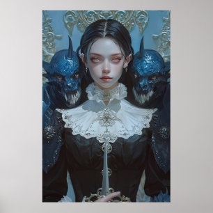 Poster Élégante femme à Haired foncé dans Ornate Black Ro