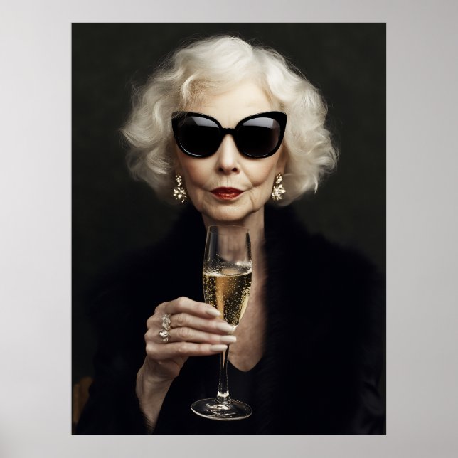 Poster Élégante femme âgée avec Champagne (Devant)