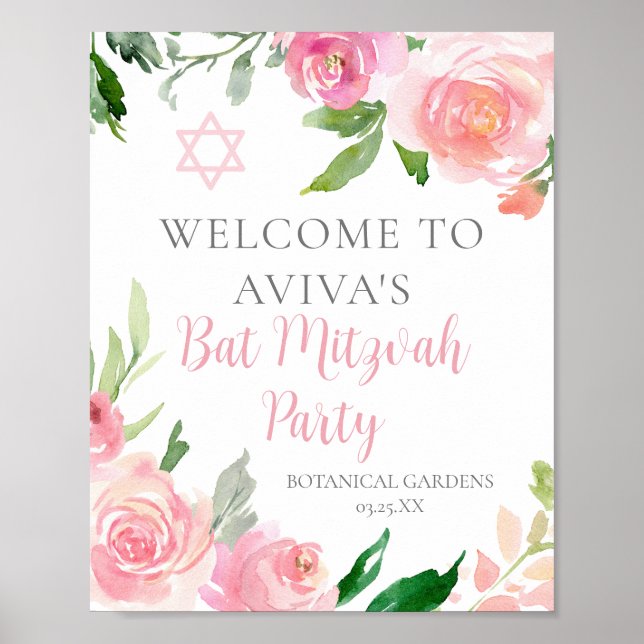Poster Élégante fête Bat mitzvah rose sur mesure (Devant)