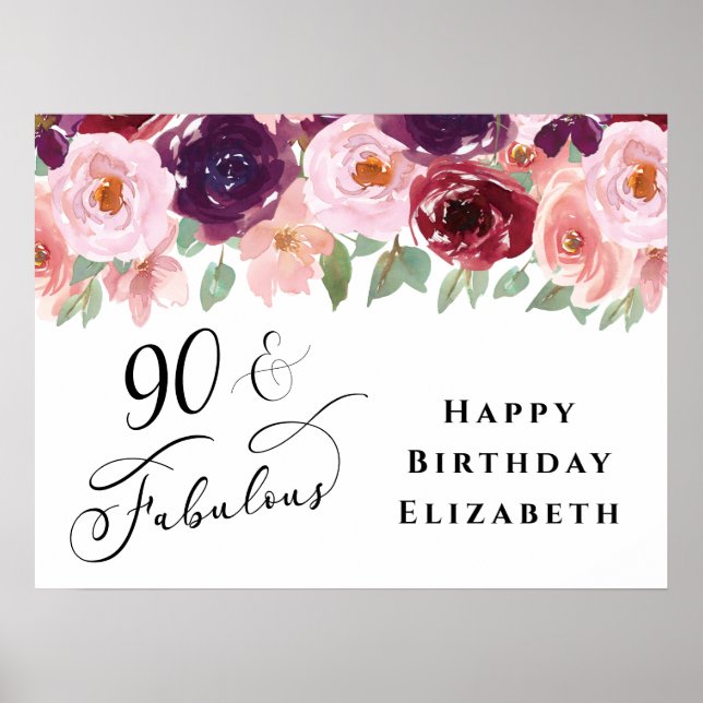 Poster Elégante fête d'anniversaire Floral Bourgogne rose (Devant)