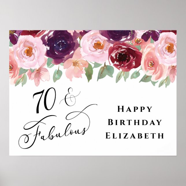 Poster Élégante fête d'anniversaire Floral Bourgogne rose (Devant)