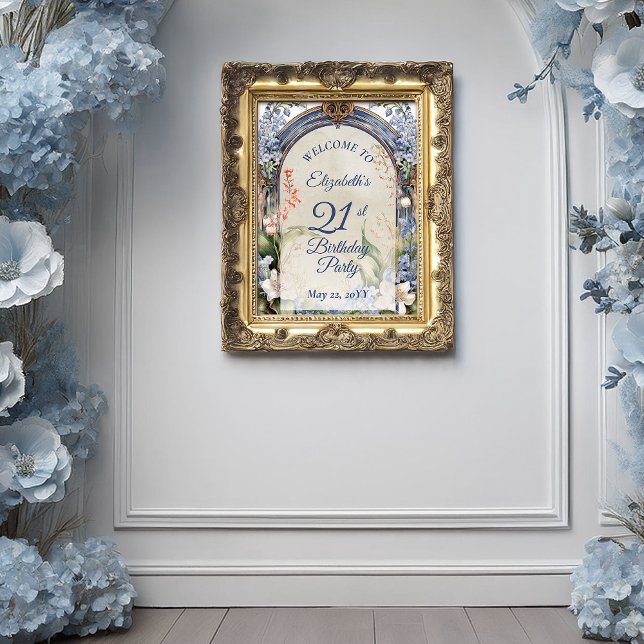 Poster Élégante Fête de 21e Anniversaire baroque (Elegant Baroque Floral Frame 21st Birthday Party Poster - Print  | Digital Download)
