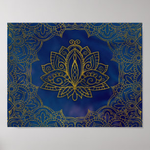 Poster Élégante fleur de Lotus or sur bleu