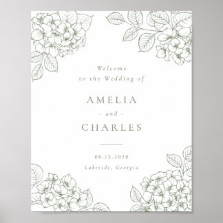 Poster Élégante Hydrangea Verte Florale Mariage Bienvenue