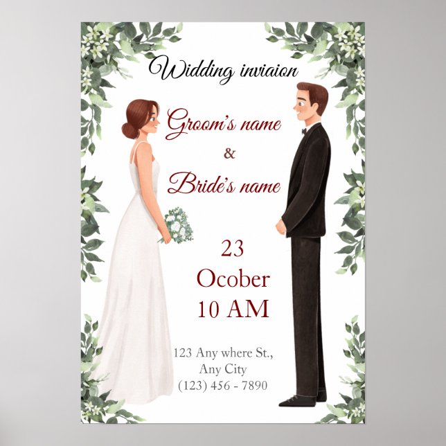 Poster Élégante invitation de mariage illustrée  (Devant)