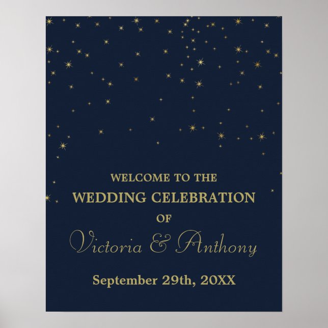 Poster Elégante Marine/Gold Falling Stars Mariage Bienven (Devant)
