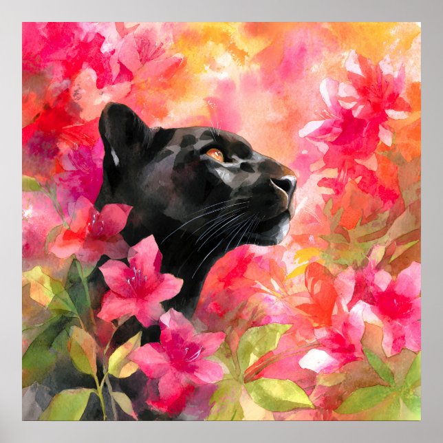 Poster Élégante panthère noire florale sauvage florissant (Devant)