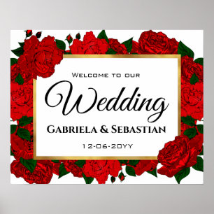 Poster Élégante Passion Rouge Roses Mariage de bienvenue