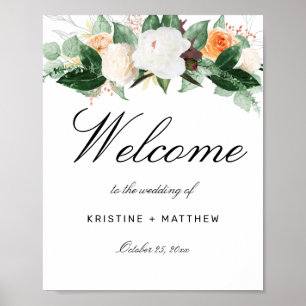 Poster Elégante Peach Aquarelle Florale Mariage Bienvenue