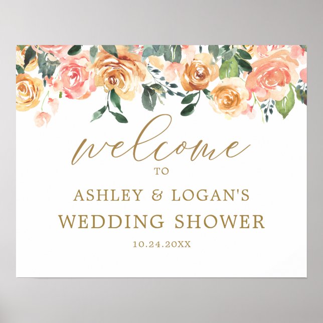 Poster Elégante Pêche Or Florale Wedding shower Bienvenue (Devant)