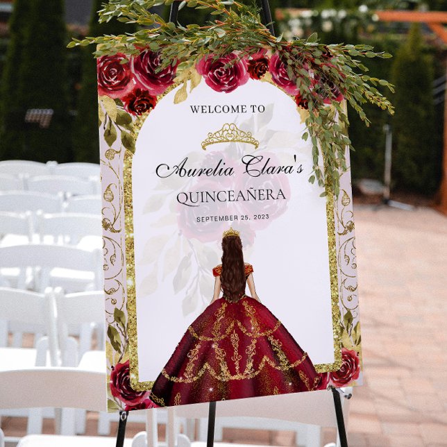 Poster Elégante Princesse Rouge Floral Quinceañera Annive (Créateur téléchargé)