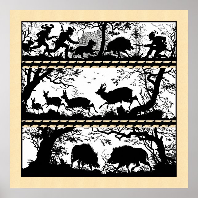 Poster Élégante Scène De Chasse Courir Cerf Sauvage Boar (Devant)