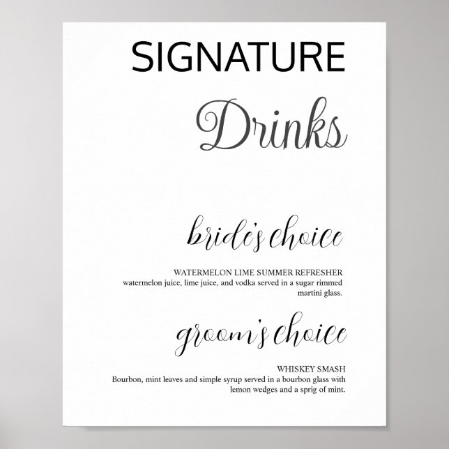 Poster Élégante signature blanche Boissons Mariage Bar Po (Devant)
