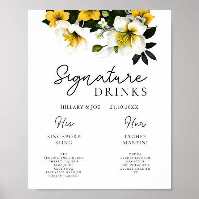 Poster Élégante signature Mariage Jaune Boissons (Devant)