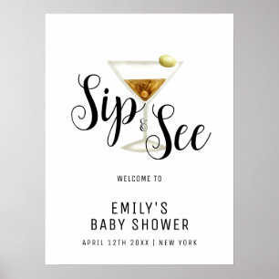 Poster Elégante Sip & Voir Martini Baby shower Bienvenue