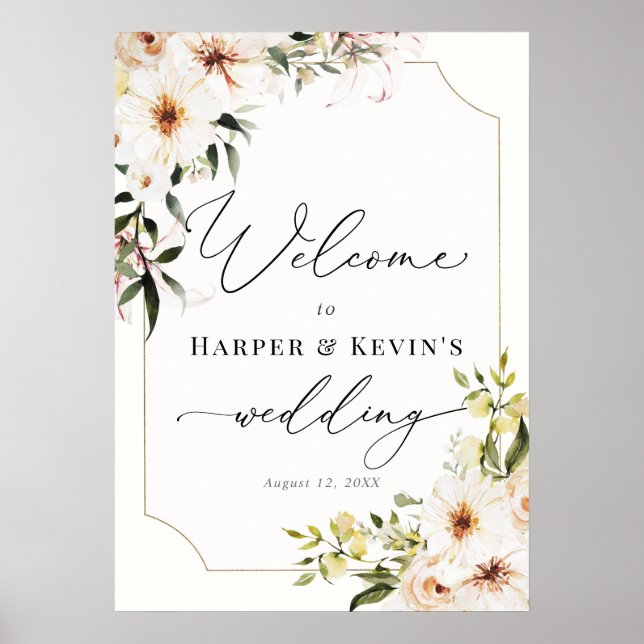 Poster Élégante verdure et florales ivoire Mariage Bienve (Devant)