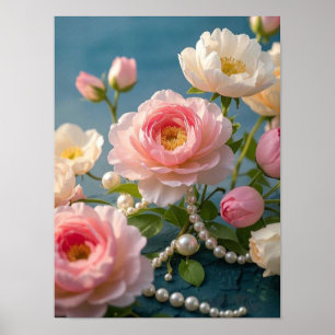 Poster Élégantes fleurs blanches rose pâle avec perles