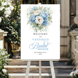 Poster Élégantes Pivoines Bleues Or Accueil de Fiançaille