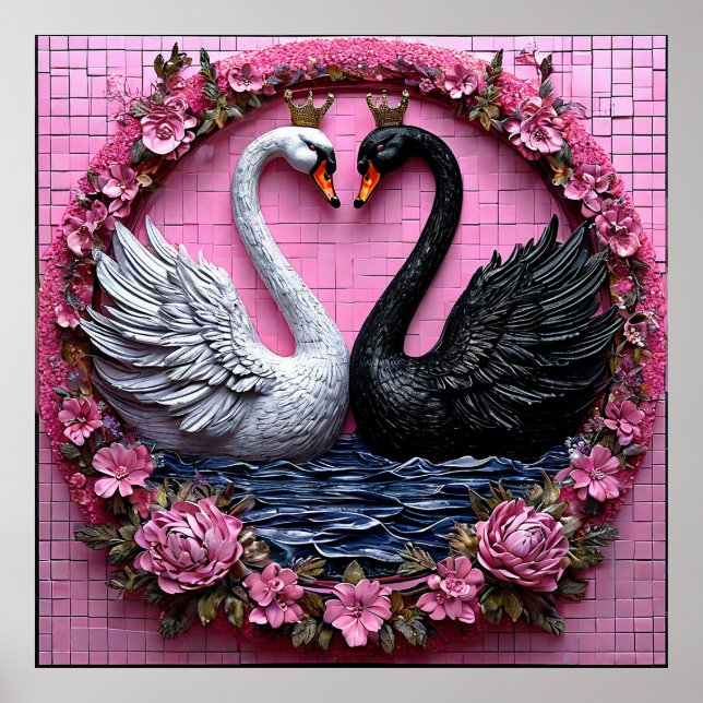 Poster Élégants cygnes noirs et blancs avec couronne (Devant)
