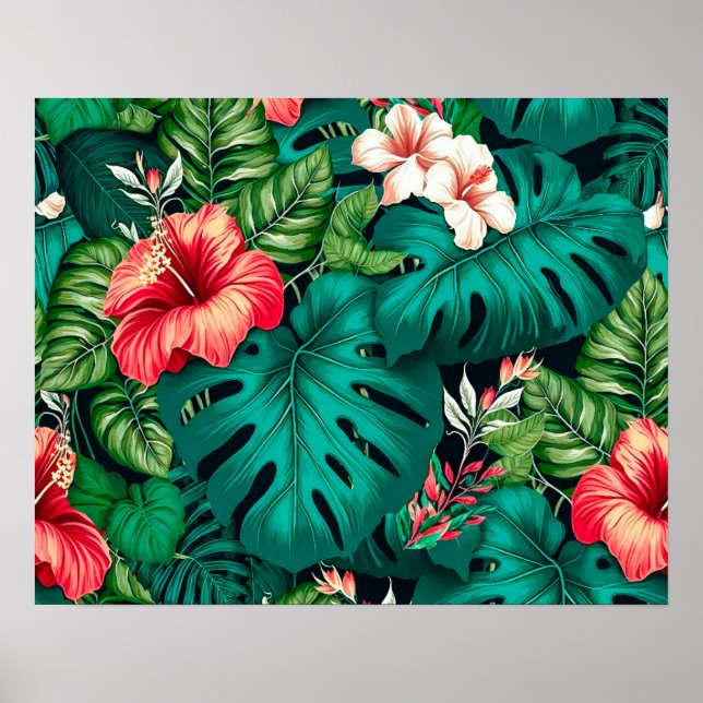 Poster Élégants Feuilles tropicaux et fleurs d'Hibiscus | (Devant)