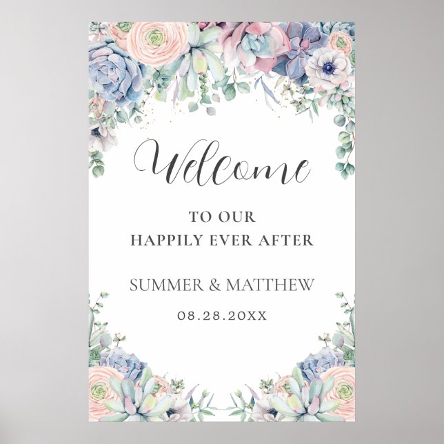 Poster Elégants succulents Blush Floral Mariage Bienvenue (Devant)