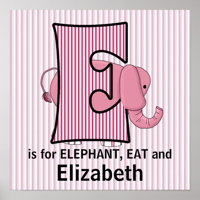 Poster Élément de chambre bébé éléphant rose monogrammé E (Devant)