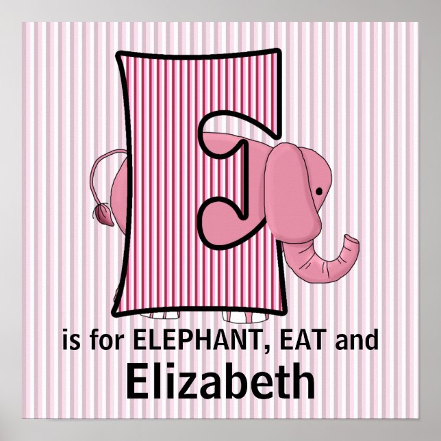 Poster Élément de chambre bébé éléphant rose monogrammé E (Devant)