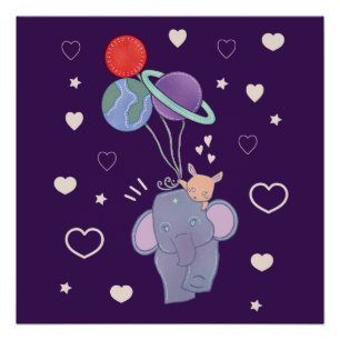 Poster Élément et Lapin Montgolfière spatiale Fantaisis