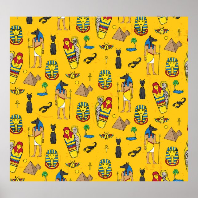 Poster éléments égyptiens, Anubis, motif pyramides. (Devant)