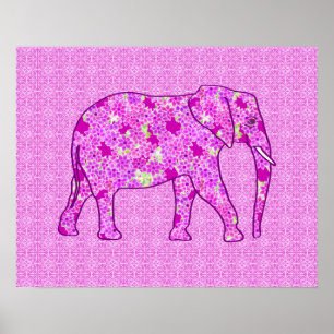 Poster Eléphant à fleurs - orchidée et magenta
