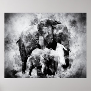 Poster Eléphant africain avec veau noir et blanc