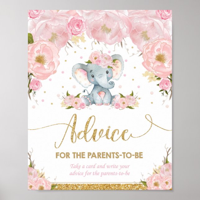 Poster Eléphant Baby shower Conseils de fille pour les pa (Devant)