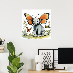 Poster Eléphant bébé avec Monarque Papillon d'aile Oreill