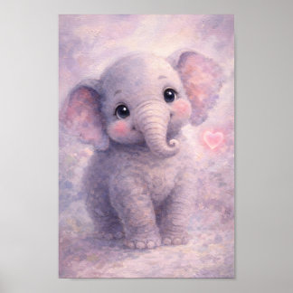 Poster Éléphant Bébé Cœur Rose Pastel Peinture à l'Huile