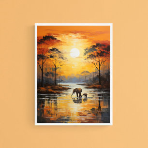 Poster Eléphant bébé et maman Profitant du coucher de sol