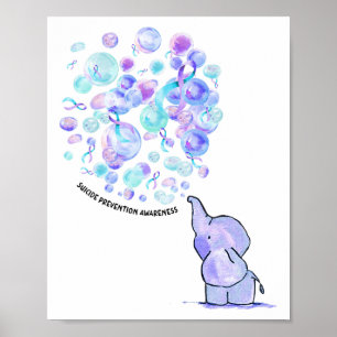Poster Eléphant Bleu Violet Ballons Prévention du suicide