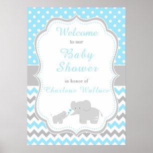 Poster Elephant Blue et Grey Baby shower Party