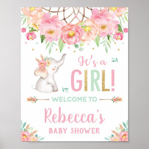 Poster Elephant Boho rose Baby shower Floral Bienvenue fi