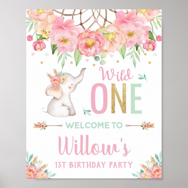 Poster Elephant Boho rose Floral 1er anniversaire Bienven (Devant)