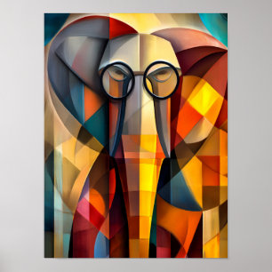 Poster Éléphant Charmant – Érudit Cubiste avec des Lunett
