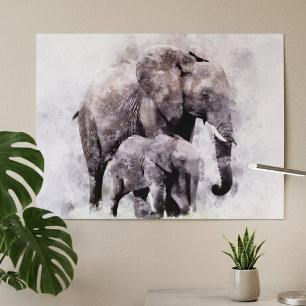 Poster Éléphant d'Afrique femelle avec son éléphanteau Aq