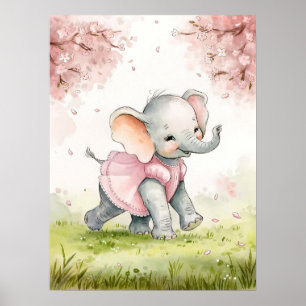 Poster Éléphant de bébé fantaisiste en robe rose sous cer