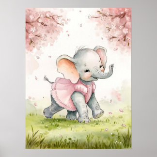 Poster Éléphant de bébé fantaisiste en robe rose sous cer
