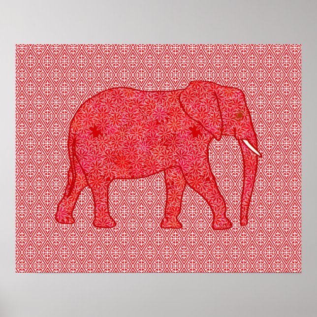 Poster Eléphant de fleurs - rouge profond et corail (Devant)