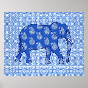 Poster Éléphant de Paisley - bleu de cobalt et blanc