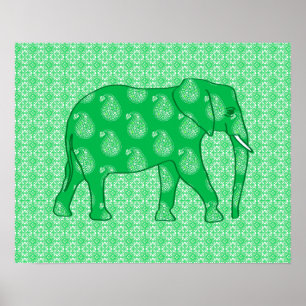 Poster Éléphant de Paisley - vert et blanc de jade