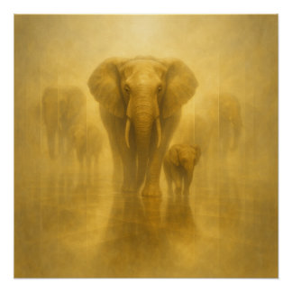 Poster Éléphant doré et veau dans un royaume miroir brume